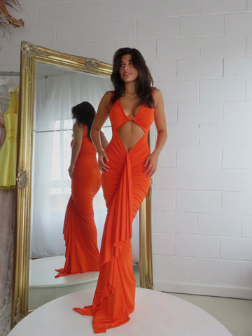 Beautiful model wearing Eden Sleeveless Gown HIRE (Orange), by Amy Taylor Collection. Contact us today to order your perfect outfit. 1